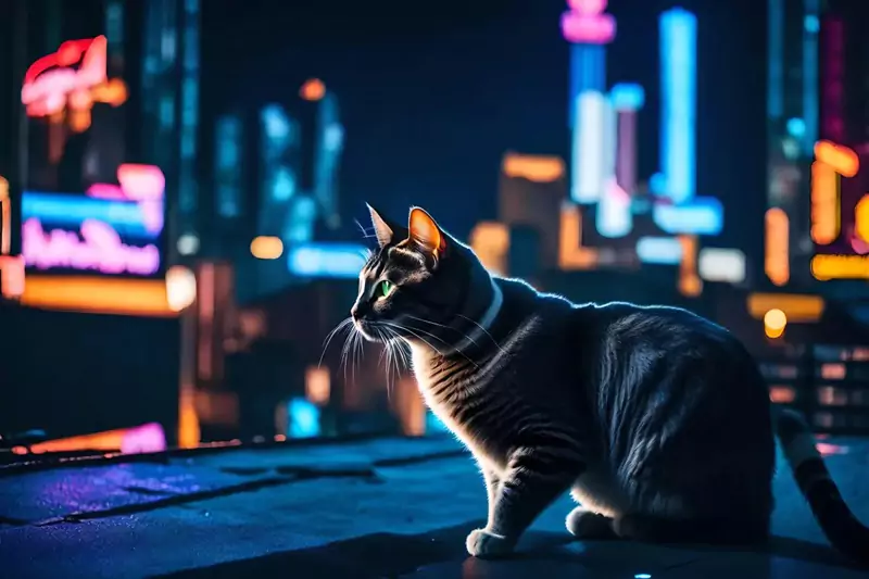  photographie cinématique d'un chat marchant sur les toits d'une ville cyberpunk, éclairée par des panneaux publicitaires au néon, reflets brillants, grand angle --ar 3:2