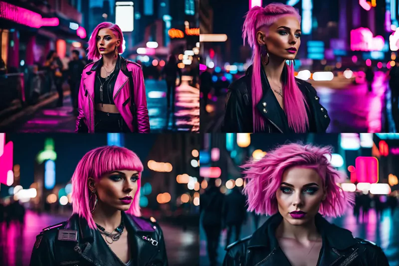 photographie de portrait d'une belle jeune femme marchant dans une rue animée d'une ville cyberpunk, elle a les cheveux roses et un regard intense et déterminé, des vêtements futuristes, un éclairage vif --ar 3:2