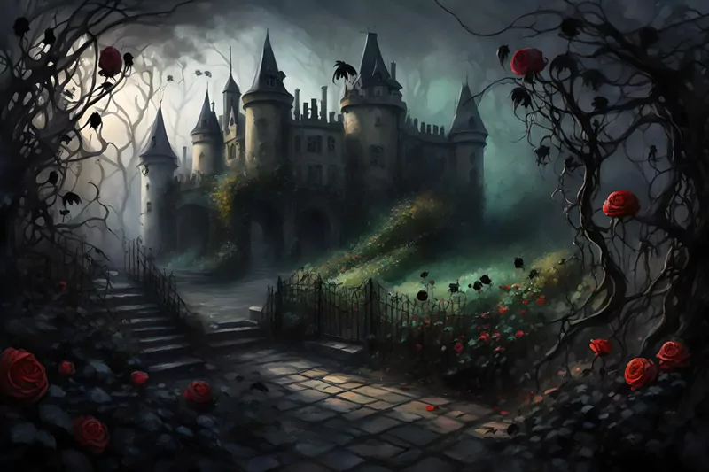 peinture fantastique d'un jardin effrayant, de roses noires, de vignes épaisses, noyé dans la brume avec un château en arrière-plan --ar 3:2
