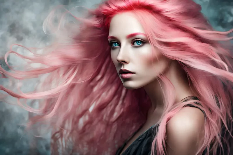 Belle femme aux longs cheveux roses et aux yeux intenses, réalisée dans le style d'une peinture plâtrée --ar 3:2