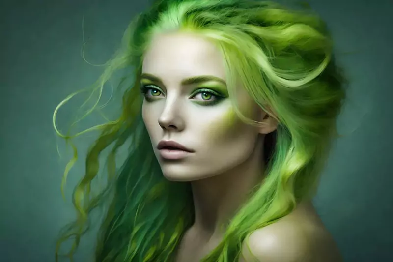 beautiful woman with long lime green hair and intense eyes done in a plastered painting style –ar 3:2
